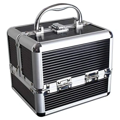 Afbeelding van iGadgitz Home make upset, Vanity Case Rigide, Beauty Case, opbergdoos voor up, 4 uitklapbare dienbladen, onderste vak en draaggreep, klein, zwart.