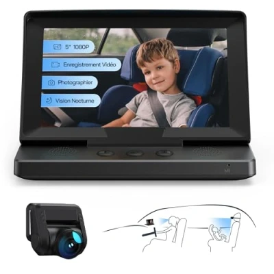 Image de WOLFANG Miroir Voiture bébé HD 1080P Retroviseur Bebe, USB C Plug and Play Installation Facile, Moniteur pour avec écran de 5 Pouces et caméra Vision Nocturne