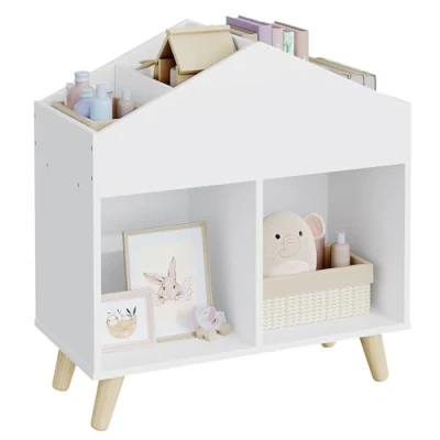 Afbeelding van Lestarain Kinderboekenkast, boekenkast/speelgoed voor kinderen, Montessori Mdf boekenkast met 6 open vakken en massief houten poten, 60 x 30 64,5 cm, wit