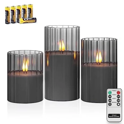 Afbeelding van Rhytsing Set van 3 led kaarsen rookgrijs glas, verticale strepen, met afstandsbediening, vlamloze voor woondecoratie, warmwitte verlichting, 6 batterijen inbegrepen