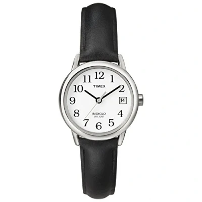 Afbeelding van Timex Easy Reader vrouwen 25mm zwart lederen band datum venster quartz horloge T2H331