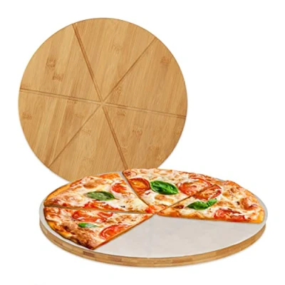 Afbeelding van Relaxdays Pizzaplank bamboe set van 2 rond serveerplank 33 cm bakpapier pizzabord