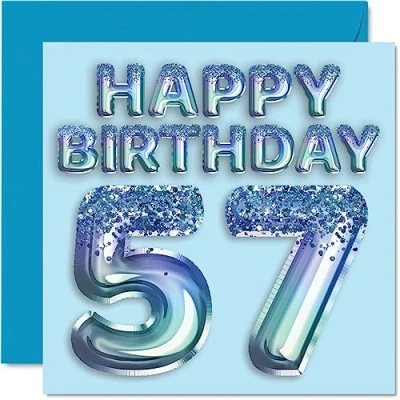 Afbeelding van Verjaardagskaart voor heren 57e verjaardag blauwe glitterfeestballon verjaardagskaarten mannen van 57 jaar, oom, opa,