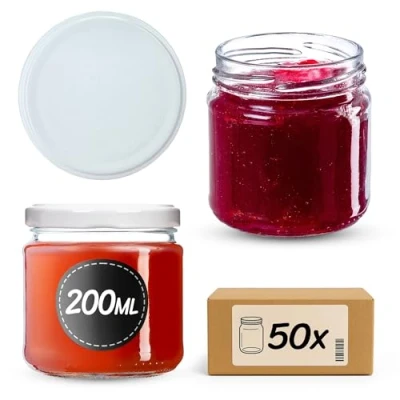 Afbeelding van KADAX Kleine inmaakpotten, 200 ml, luchtdicht, rond, FI66 mm, jampotten, bokalen, minipotten voor honing en kruiden, 50 stuks, wit