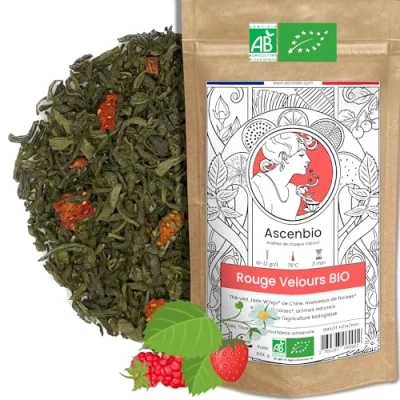 Afbeelding van Ascenbio ✿ Groene thee rood fluweel bio aardbei framboos 180 g los bereid en verpakt in Frankrijk biologisch afbreekbare verpakking