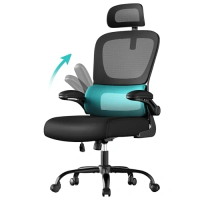 Afbeelding van SONGMICS chaise de bureau, ergonomique en maille, avec maille double, accoudoirs pliants, support lombaire et appui tête réglables, fonction bascule, noir d&#039;encre OBN041B01