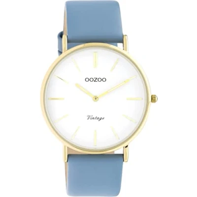 Afbeelding van OOZOO Vintage dameshorloge lederen armband 20 mm analoog rond, Lichtblauw/goud, riemen