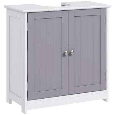 Afbeelding van kleankin Badkamermeubel onder wastafel onderkast kast met 2 deuren plank afmetingen: 60 x 30 cm MDF grijs/wit