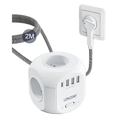 Afbeelding van LENCENT Elektrische stekkerdoos, 2 m, met 4 AC stopcontacten, 3 USB en 1 type C, platte stekker, overspanningsbeveiliging schakelaar voor keuken, kantoor, gevlochten kabel