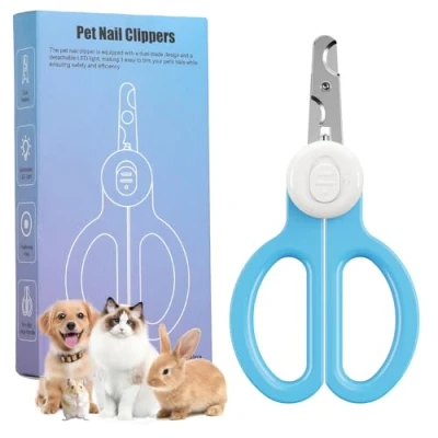 Afbeelding van Euqvunn Professionele kattennagelknipper met dubbel lemmet, afneembare ledverlichting, geschikt voor kittens, konijnen, cavia&#039;s, vogels, puppy&#039;s, middelgrote en kleine dieren (blauw wit)
