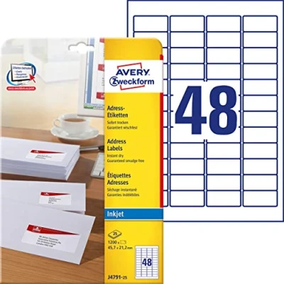 Afbeelding van Avery Zweckform Adresetiketten J4791 25 (N/A ),Wit, Rechthoek, Afgeronde hoeken, 1200 stuk(s), Permanent hechtend