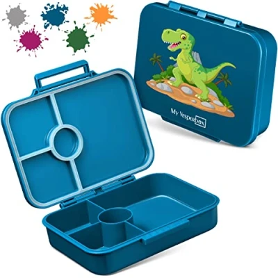 Afbeelding van My Vesperbox Bia Bento Box voor kinderen, verstevigde sluitingen, lekvrij en BPA vrij, extreem robuust, lunchbox, ideaal de kinderopvang op school (petrol, T Rex)