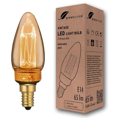 Afbeelding van greenandco® Ledlamp, dimbaar, vintage, retro, industrieel, antiek, Edison, E14, C35, 2,3 W, 65 lm, 1800 K, zeer warm wit, 320 graden, 230 V, geen flikkeren