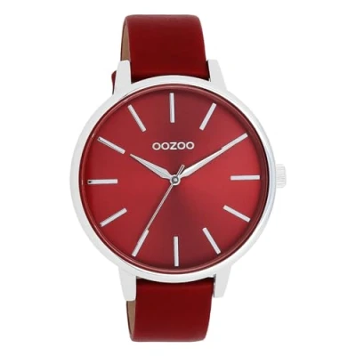 Afbeelding van OOZOO Timepieces Zilverkleurige horloge met dahlia rood leren band C11299