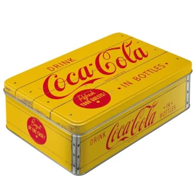 Afbeelding van Nostalgic Art Retro platte voorraaddoos 2,5 liter Coca Cola geel logo cadeau idee voor cokes fans, metalen doos met deksel, vintage design
