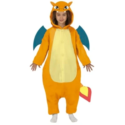 Afbeelding van FIESTAS GUIRCA Oranje drakenkostuum voor jongens en meisjes, drakenpyjama met staart vleugels kinderen van 7 tot 9 jaar