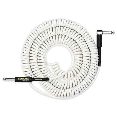 Afbeelding van SONICAKE spiraalkabel voor gitaarinstrumenten, 6,3 mm, 10 m, met hoekstekkers en standaard jackstekker, wit