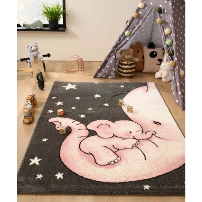 Afbeelding van Vloerkleed Kinderkamer Olifant Adventures Grijs/roze 140x200 Cm