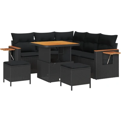 Afbeelding van vidaXL 8 delige Tuin Sofa Set met Kussens Zwart Poly Rattan Acacia, 3 Eet Acacia