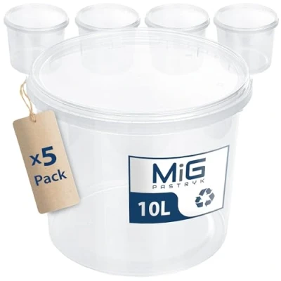 Afbeelding van MIG Transparante emmer met deksel, 5 x 10 liter, van luchtdichte kunststof, geschikt voor levensmiddelen, kleine stapelbare emmers huis en industrie, ideaal inclusief