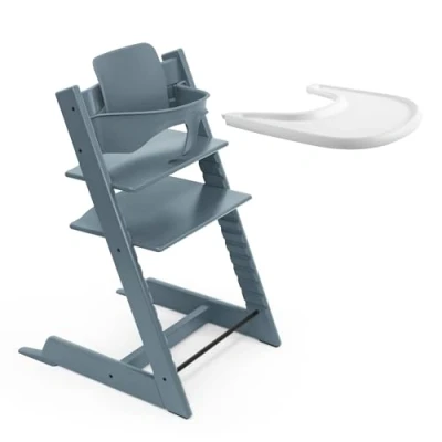 Afbeelding van Stokke Tripp Trapp kinderstoel (Fjordblauw) met dienblad (wit) Incl. stoel, babyset 2 voor kinderen van 6 36 maanden en Verstelbaar, ergonomisch gemakkelijk schoon