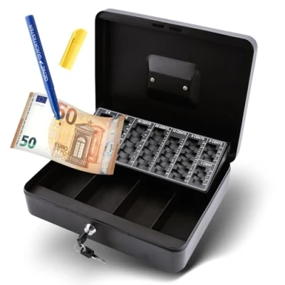 Afbeelding van Olympia CB 770 Plus Geldcassette met valse bankbiljettendetector GENIE (van gepoedercoat staal, intrekbare handgreep, veiligheidsslot, 30 x 24 9 cm), zwart
