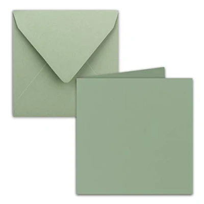 Afbeelding van 25 stuks vierkante vouwkaarten 15 x cm, met enveloppen, eucalyptus (groen), natte plakrand voor wenskaarten, uitnodigingen en meer