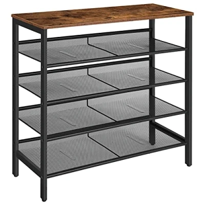 Afbeelding van HOOBRO schoenenrek, 5 laags schoenenkast, verstelbaar schoen organisator, platte en kantelbaar, voor 12 16 paar schoenen, stal, gang, woonkamer, vintage bruin zwart EBF01XJ01