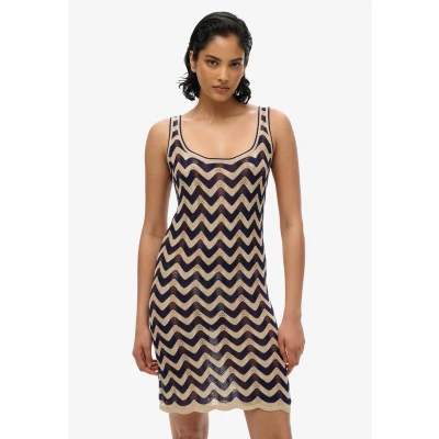 Afbeelding van Superdry ZIG ZAG Gebreide jurk, Dames, Maat: 42, Navy gold zigzag