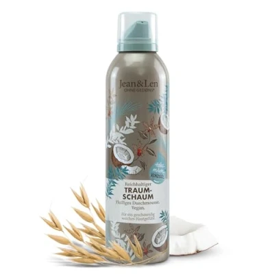 Afbeelding van Jean &amp; Len Rijk droomschuim met kokosnoot en havermelk, gel to foam technologie, vitamine E plantaardige glycerine, zonder parabenen siliconen, 200 ml