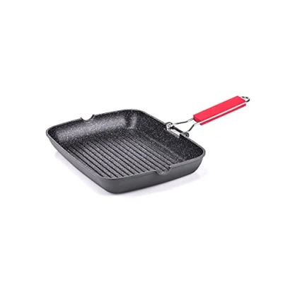 Afbeelding van Moneta Pro Grill, inductiekookpan met inklapbare handgreep, antiaanbaklaag en krasbestendig, pan geschikt voor alle fornuizen, vaatwasmachinebestendig, 24 x 34 cm