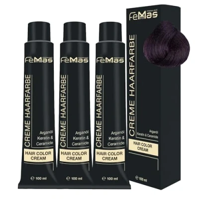 Afbeelding van FemMas Medium bruin/violet haarkleur 4,2, professionele bruine crème met arganolie, keratine en ceramide, als permanente kleuring of haarkleurmiddel, 3 x 100 ml