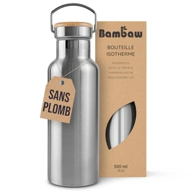 Afbeelding van Bambaw® 500ml RVS Thermosfles Dubbelwandig, Milieuvriendelijk, Lekvrijen, loodvrij en Plasticvrij Geïsoleerde Fles met Bamboe Deksel voor Warme Koude Dranken Ideaal Reizen, Werk, Yoga, Wandelen Dagelijks Gebruik zilver