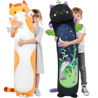 Afbeelding van Mewaii Kawaii pluche kussen, 90 cm, lang, oranje, kat, voor kinderen, dieren, pop, speelgoed schattig, pluizig, comfort, kussen cadeau van 3 jaar en ouder
