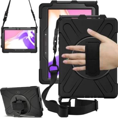 Afbeelding van TECHGEAR X Case voor Samsung Galaxy Tab Active Pro 10.1 (SM T540 / SM T545), harde beschermhoes met 360 draaibare standaard, polsband en schouderriem zwart