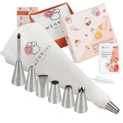 Afbeelding van Wenburg spuitzak met professionele spuitmonden, 7 grote spuitmonden katoenen 35 cm adapter, roestvrijstalen opzetstukken voor taarten, koekjes decoratie geschenkeditie (Premium)