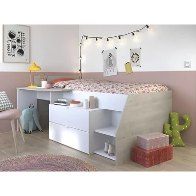 Afbeelding van Bed met bureau en opbergruimte 90 x 200 cm Wit naturel + Bedbodem GISELE L 203 H D 135