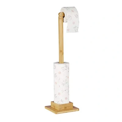Afbeelding van Relaxdays wc rolhouder staand toiletrolhouder bamboe reserverolhouder zonder boren
