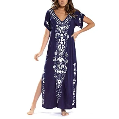 Afbeelding van YouKD Zomerjurk, katoen, geborduurd, bloemen, losse kaftan, boho, strand, bikini, deken, jurk, grote maat jurk voor vrouwen, B donkerblauw, eenheidsmaat, donkerblauw