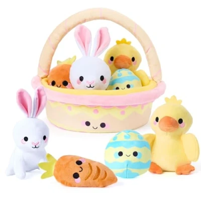 Afbeelding van JOYIN 5 stuks pluche paasmanden, mand gevuld met konijn, kuiken, ei, wortel, paasmand, voorgevuld dierenvulling, paasspeelgoed en cadeaus voor baby&#039;s, peuters