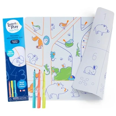 Afbeelding van SUPER PETIT Omkeerbare educatieve set Les Numbers 100% siliconen 3 uitwisbare en herbruikbare kleurstiften + jaar tweetalige Franse Engelse versie Montessori methode 40 x 30 cm