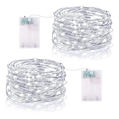 Afbeelding van Vacoulery led lichtsnoer, werkt op batterijen, 5 m, 50 leds, micro batterij, voor binnen en buiten, slaapkamer, Kerstmis, bruiloft, dennenboom, decoratie (2 stuks, koud wit)