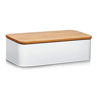 Afbeelding van Zeller Luxe Broodtrommel hout / wit met deksel 42 cm brooddoos brood bewaardoos