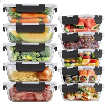 Afbeelding van 10 stuks vershouddozen van glas met lekvrije drukknopdeksels, herbruikbaar, magnetronbestendig, BPA vrij (10 containers en deksels) 1050 ml 370