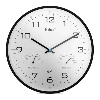 Afbeelding van Mebus Moderne radiogestuurde wandklok met temperatuur en vochtigheidsweergave, 30 cm, klok, woonkamer, keukenklok/Model: 52840 / Kleur: zwart