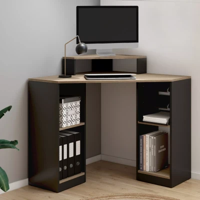 Image de bureau d&#039;angle HARRY noir et façon hêtre gain de place informatique avec rangements