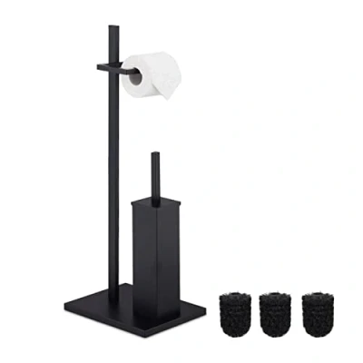 Afbeelding van Relaxdays toiletaccessoires set staal wc rol houder zwarte toiletborstelhouder staand