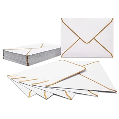 Afbeelding van 50 stuks luxe witte uitnodigingsenveloppen 18,5 x 13,5 cm Miniaturen Met V klep Gouden rand Voor bruiloft, uitnodigingen, feesten, wenskaarten