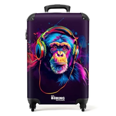 Afbeelding van NoBoringSuitcases.com® Handbagage koffer lichtgewicht Reiskoffer trolley Chimpansee met koptelefoon in neonkleuren Rolkoffer wieltjes Past binnen 55x40x20 en 55x35x25