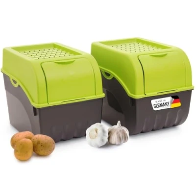 Afbeelding van Novaliv Set van 2 opbergdozen voor aardappelen 9 liter Groen Groentebox Stapelbaar Uienmand Aardappelmand Fruitdoos Aardappeldoos